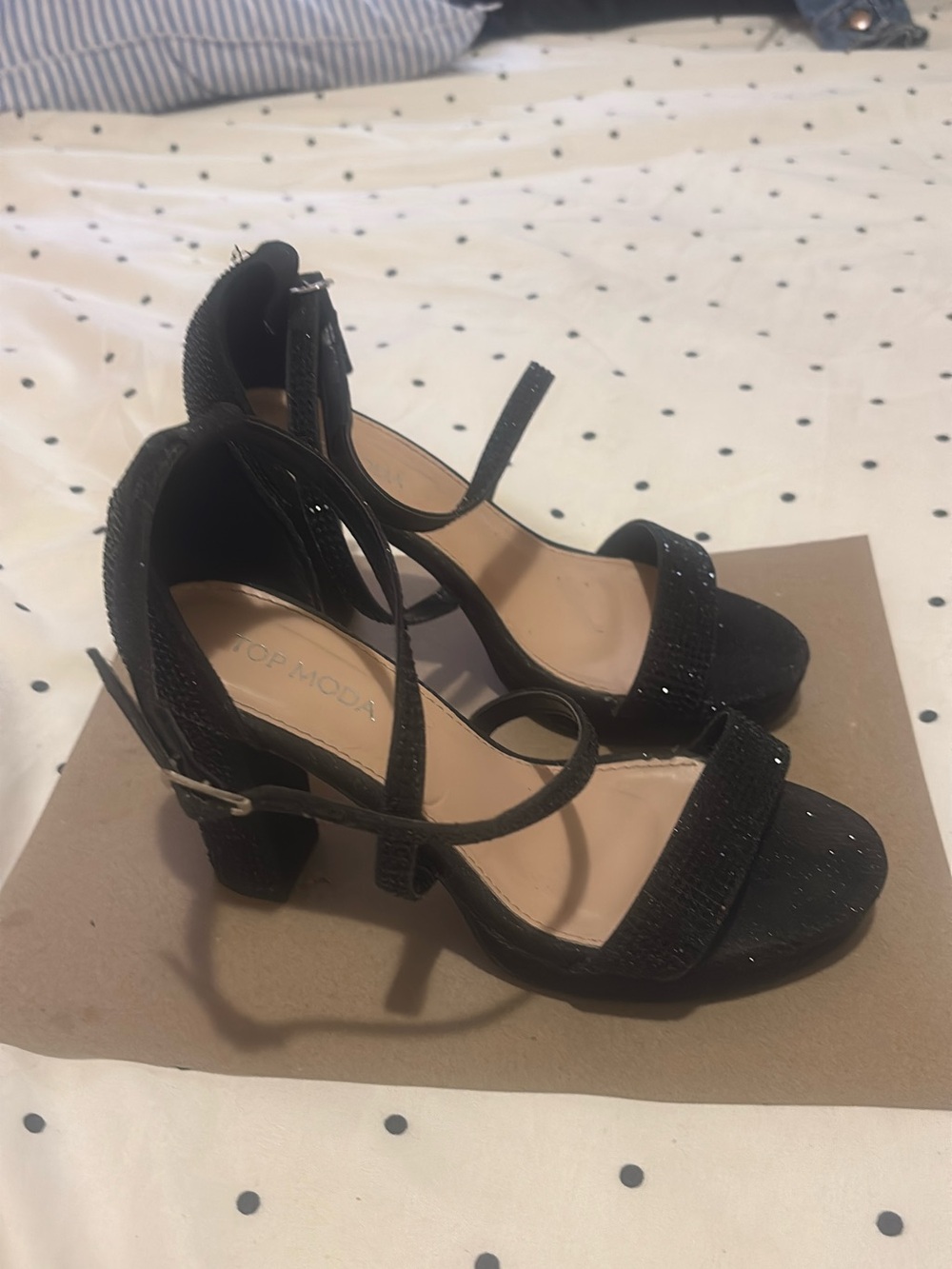 Top Moda Black Glitter Block Heel Sandals